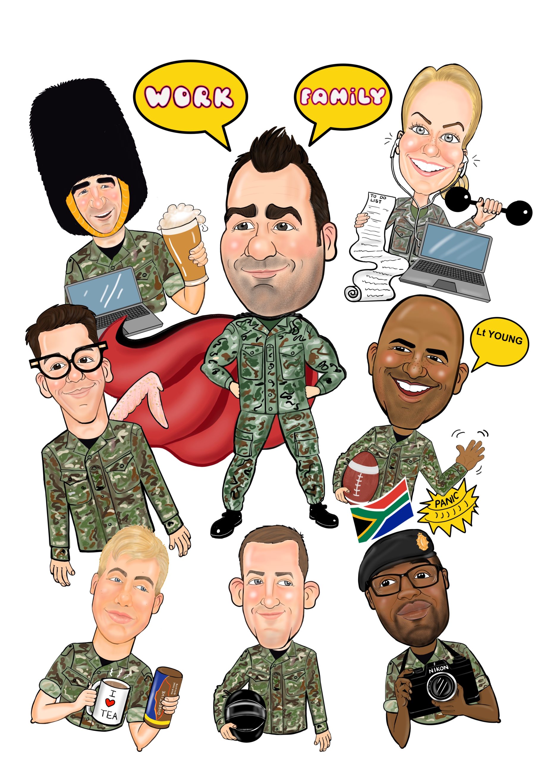 Caricature Gift as Leaving Present, image of 8 caricatures of team as a leaving present in colour.